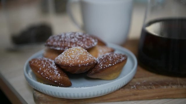 Freshly Baked Madeleine Cookies with Powdered Sugar Dusting
