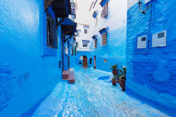 Traditional typical moroccan architectural details in Chefchaouen, Morocco, Africa Beautiful street...