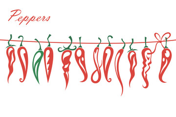 collection of red hot chili peppers in cord isolated on white background