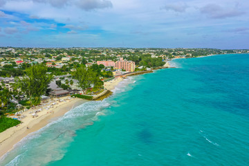 Aerial drone view of a beach in Barbados 