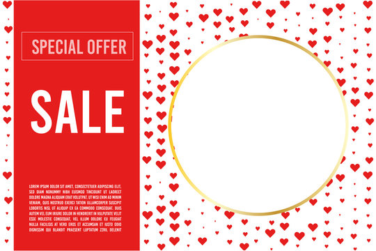 3d Vector Saint Valentine S Day Golden Round Frame On Colourful Background With Vector Hearts. Concept Sale Special Offer