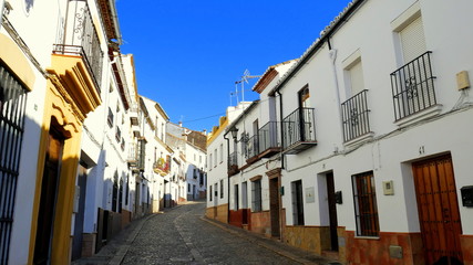 Fototapeta na wymiar malerische enge Straße durch Ronda in Andalusien mit weißen Häusern unter blauem Himmel