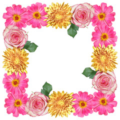 Beautiful floral pattern of zinnia, roses and chrysanthemums. Isolated