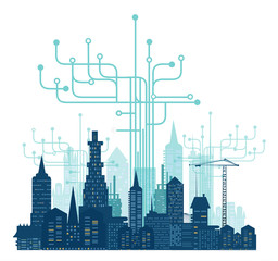 City, business and  modern internet environment. Hightech electronic, microchips, icons and communication symbols at the background. Business concept illustration.