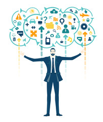 Business people trying get own place in business in the modern internet environment. Hightech electronic, microchips, icons and communication symbols at the background. Business concept illustration.