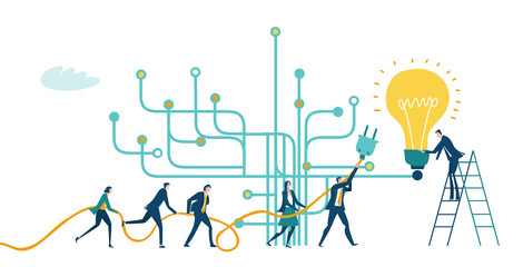 Business people trying get own place in business in the modern internet environment. Hightech electronic, microchips, icons and communication symbols at the background. Business concept illustration.