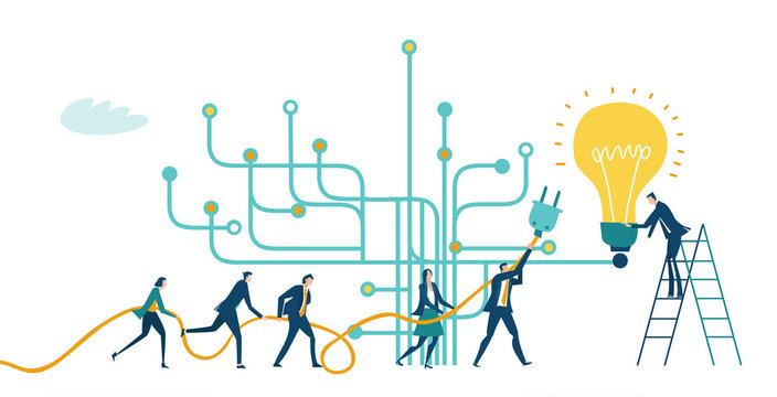 Business people trying get own place in business in the modern internet environment. Hightech electronic, microchips, icons and communication symbols at the background. Business concept illustration.