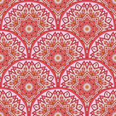 Seamless ornamental oriental pattern. Repeating geometric tiles with mandala. Vector laced decorative background with floral and geometric ornament. Indian or Arabic motive. Boho festival style