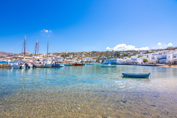 Naklejka na ściany i meble Mykonos port with boats, Cyclades islands, Greece