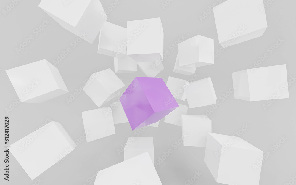 Poster white and violet flying cubes and boxes in in front of white background abstract 3 render illustrati