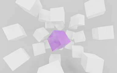 white and violet flying cubes and boxes in in front of white background abstract 3 render illustration