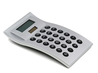 silver calculator with black buttons isolated on white background