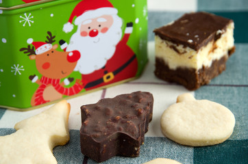 Delicious Christmas Cookies, Cake and Green Cookie Box with Santa