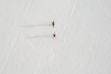 Aerial drone photo of a skier touring in Bucegi mountains