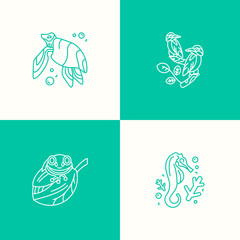 Naklejka premium Animal icons set in trand color of the year 2020 Biscay Green. For logo template, social media post, web and design.