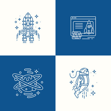 Space icons set in trand color of the year 2020 classic blue. astronaut, spaceship, cat for logo template, social media post, web and design.