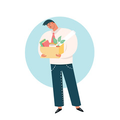 Boss fired employee; dismissal of work, unemployment, jobless, crisis concept. Sad worker loses a job and stands with office box. Man discharged for bad work, last day at work.