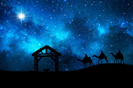 Christmas story. Three wise men go for the star of Bethlehem.