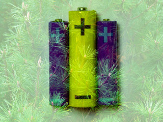 Battery Multiple exposure on a pine background.