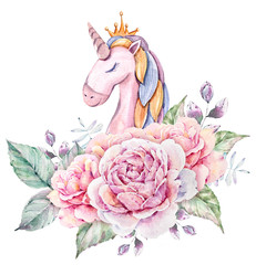 Obraz na płótnie Canvas Cute hand painted watercolor unicorn illustration. Lovely horse in floral wreath. Perfect for logo, wedding or greeting cards, print, pattern