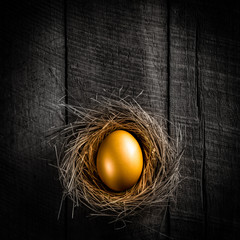 Golden Nest Egg On Rustic Wooden Table Background - Investment Concept - obrazy, fototapety, plakaty