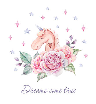 Cute hand painted watercolor unicorn illustration. Lovely horse in floral wreath. Perfect for logo, wedding or greeting cards, print, pattern