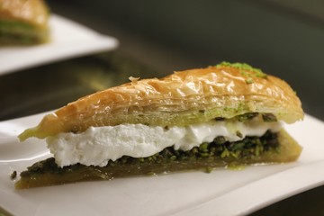 Slice of baklava with clotted cream (aka 