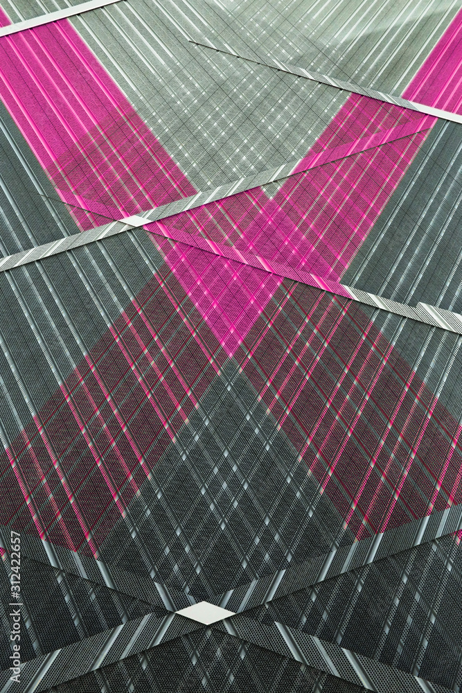 Poster digitally rendered image with polygonal structure of perforated panels. abstract modern architecture