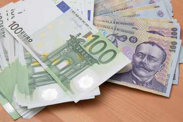 euro and lei currency - close up