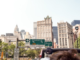 New York street view with modern and old historic buildings