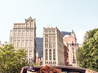 New York street view with modern and old historic buildings
