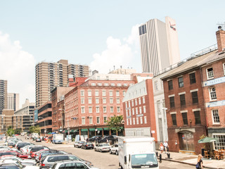 New York street view with modern and old historic buildings