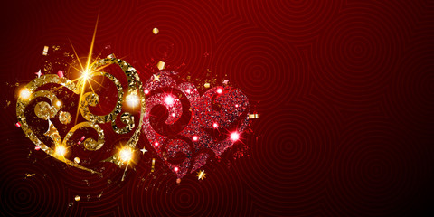 Fototapeta na wymiar Valentine's day card with two shiny hearts of crimson and golden sparkles with glares and shadows on red background