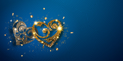 Valentine's day card with two shiny hearts of silver and golden sparkles with glares and shadows on blue background