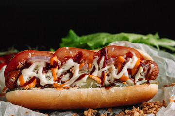 Closeup of homemade hot dog with a lot of vegetables