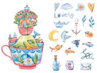 Watercolor cartoon fantasy ocean illustration with lighthouse, sea gull, fish, bottle, waves, clouds. Baby print on white background