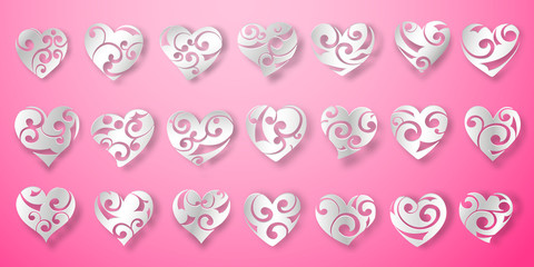 Set of white heart symbols with curls, glares and shadows on pink background