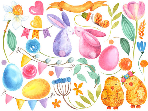 Set of a watercolor Easter illustrations with Easter rabbit, flowers, leaves, chicks, tapes, eggs, bunny, rabbit silhouette, on a white background.  Stock illustration for textile decoration print