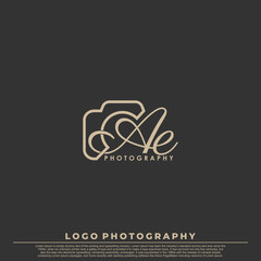 Initial Letter AE with camera. Logo photography simple luxury vector.