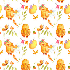 Seamless pattern with  Easter chicken, flowers, leaves, eggs, tapes, butterfly, narcissus watercolor painting, pattern on isolated white background.  Fabric wallpaper print texture.