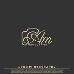 Initial Letter AM with camera. Logo photography simple luxury vector.