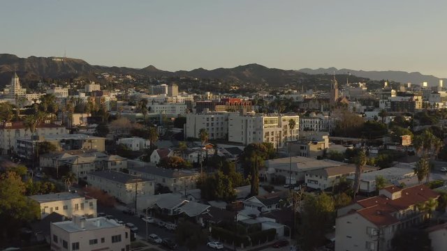 Aerial shot of Hollywood in California at sunrise in the summer