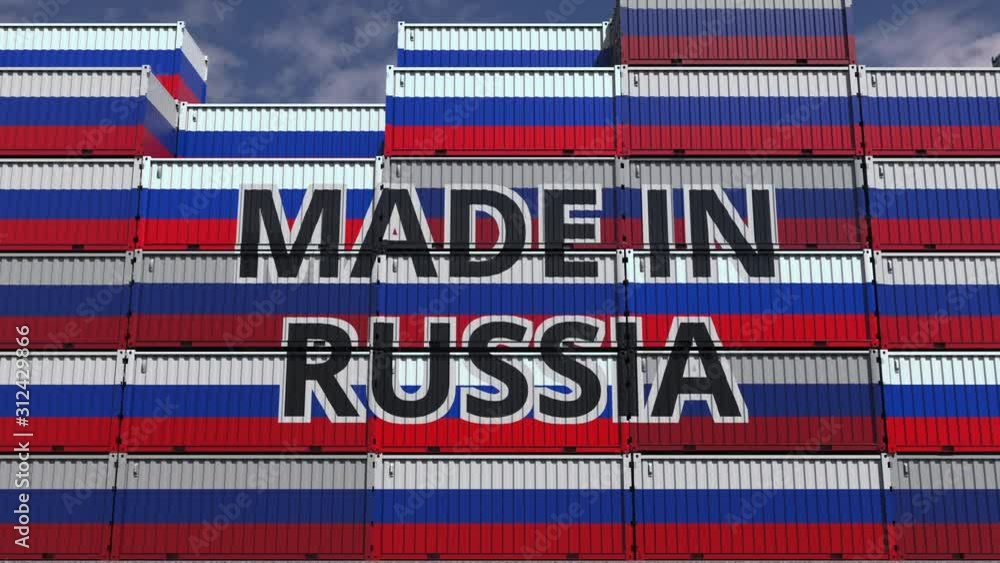 Poster cargo containers with made in russia text and national flags. russian import or export related 3d an