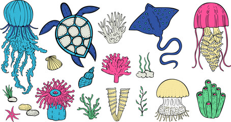 Fototapeta na wymiar vector set of marine inhabitants - fish, jellyfish, stingray, turtle, corals, algae, sponges