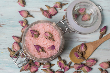 Homemade and natural spa of rose bath salts