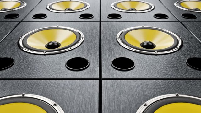 Camera moving diagonal over audio speakers vibrating at 90 bpm frequency with yellow membranes while playing modern dance music. Close-up seamless loop. Rap music idea of illustration concept.