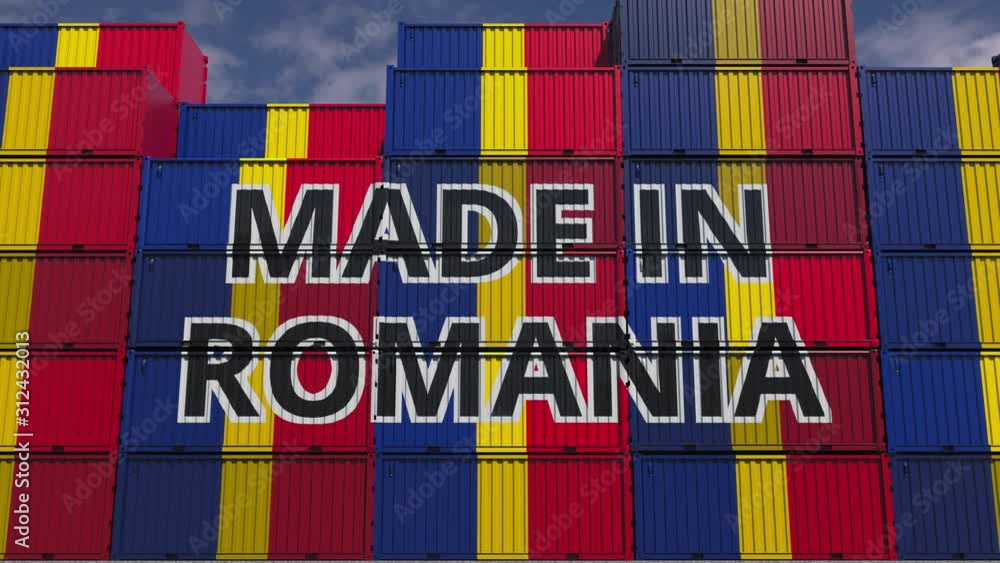 Poster containers with made in romania text and national flags. romanian import or export related 3d animat