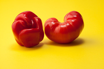 Ugly organic vegetables on a yellow background.