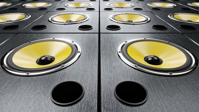 Camera moving from left to right over audio speakers with yellow membranes playing at 90 bpm frequency modern music. Close up seamless loop. Dance music party idea illustration.