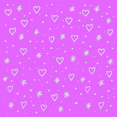 Background with hearts and snowflakes for Valentine's Day. Delicate pink background for cards, print, greetings. Hand drawing doodle vector. Stock illustration.